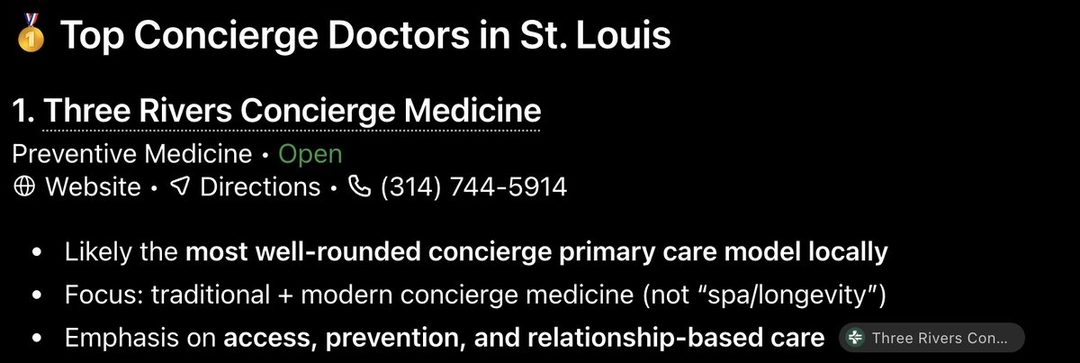 ChatGPT answer for best concierge doctor stl: Three Rivers Concierge Medicine listed first under Top Concierge Doctors in St. Louis