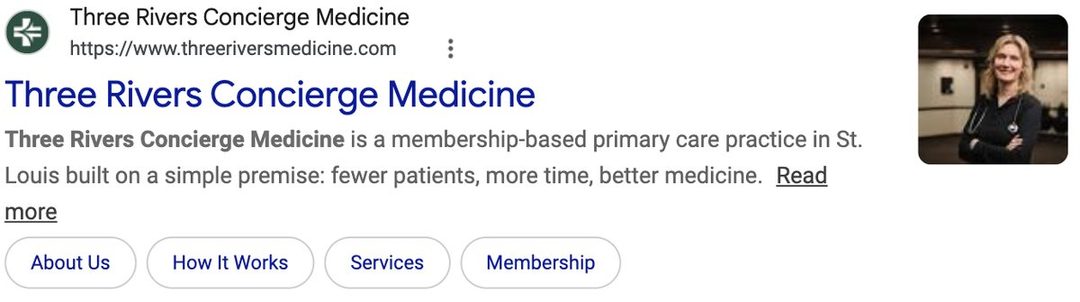 Google result for concierge doctor st louis: Three Rivers Concierge Medicine is the first result